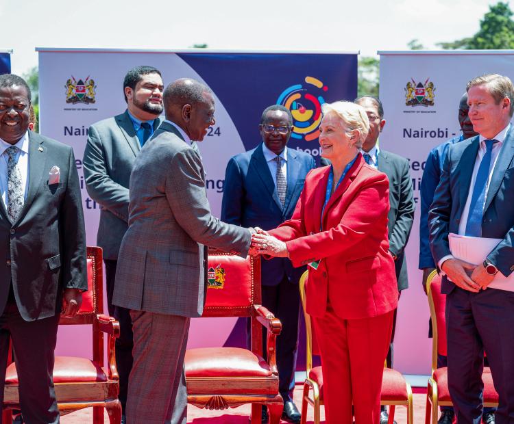 The President of Kenya Dr. William Ruto and the World Food Programme (WFP) Executive Director Cindy McCain share a warm handshake during the Second Ministerial Meeting of the Task Force of the School Meals Coalition in Nairobi.