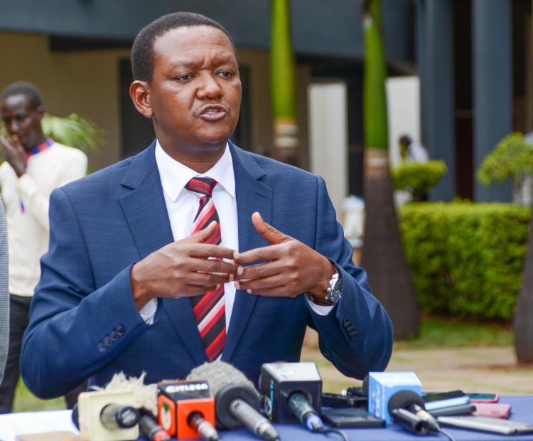 Labour Cabinet Secretary (CS) Alfred Mutua addressing the media in Kisumu. Photos/ Chris Mahandara.