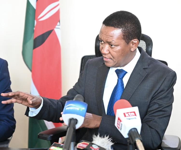  Cabinet Secretary for Labour and Social Protection Dr Alfred Mutua speaking at a press briefing at his office in Nairobi during the announcement of the available overseas jobs and commencement of the National recruitment tour.