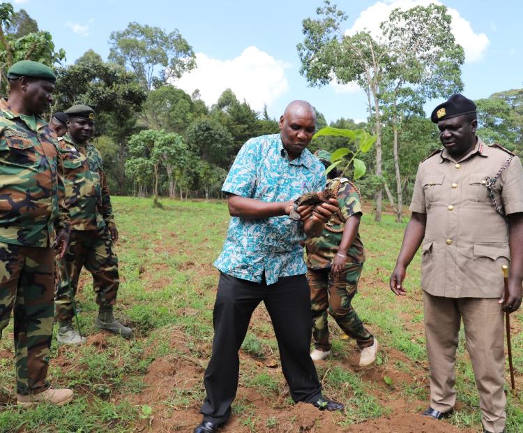 L: Hezron Nyamberi, Senior Deputy Secretary Ministry of Information, Communications and The Digital Economy, Nandi South Deputy County Commissioner Mokin Ptang'uny, Nandi County Forest Conservator Dennis Kerengo and Nandi County Warden Augustine Langat during tree planting exercise in Kubojoi Forest, Nandi South Sub-County.