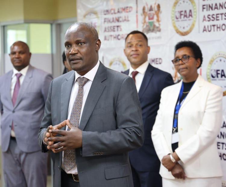 The National Treasury Cabinet Secretary (CS) John Mbadi addressing members of staff of the Unclaimed Financial Assets Authority (UFAA) when he paid them a courtesy call at their offices. Photo/Joseph Ng’ang’a.