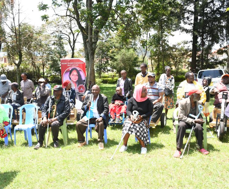 Beneficiaries in Nyamira County who have received assistive devices to aid ease mobility courtesy of Rani Ramchandani Initiative. Photo/ Diana Bochere