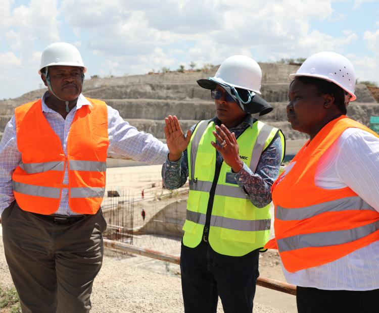 A group of Ministry of Water, Irrigation and Sanitation and AfDB officials during the inspection mission of the Thwake Multipurpose Dam.