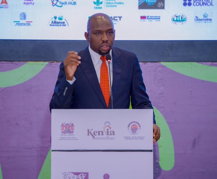  Cabinet secretary for Youth Affairs, Creative Economy and Sports Kipchumba Murkomen speaking at the 4th Kenya Innovation Week 2024 Africa Edition, at the Edge Convention Center in Nairobi