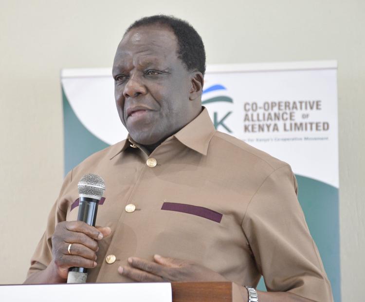 Cooperative and MSME Cabinet Secretary Wycliffe Oparanya speaking on technology at the 3rd annual conference for cooperative leaders at in Naivasha