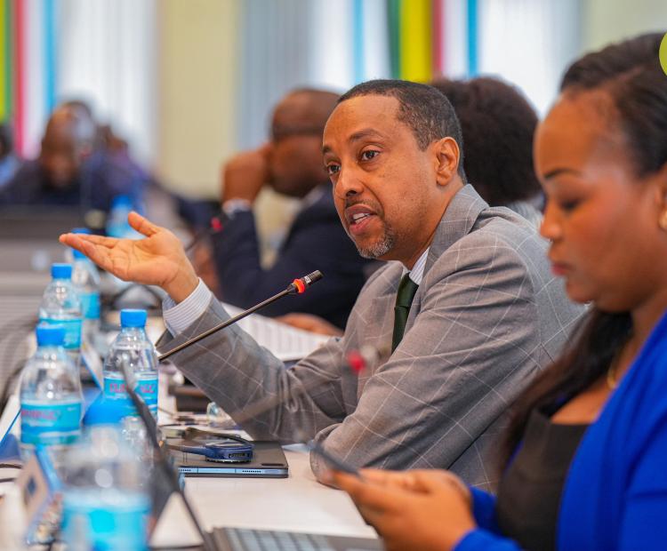 East African Community Affairs Principal Secretary Mr. Abdi Dubat addresses other partner states' Principal Secretaries and members of the EAC Coordinating Committee  at the East African Community (EAC) headquarters in Arusha, Tanzania.