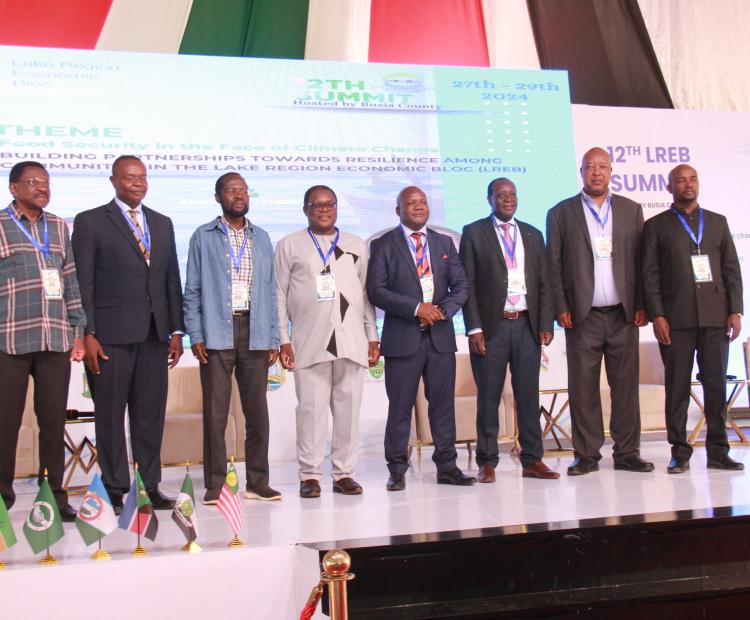 From left, Siaya Governor James Orengo, Busia Governor Dr. Paul Otuoma, Kisumu Governor Prof Anyang' Nyong'o, Bungoma Governor Kenneth Lusaka, Kakamega Governor Fernandes Barasa, Vihiga Governor Wilber Otichilo, Nyamira Governor Amos Nyaribo and Bomet Governor Prof. Hillary Barchok during the LREB summit at Alupe University in Busia County. 