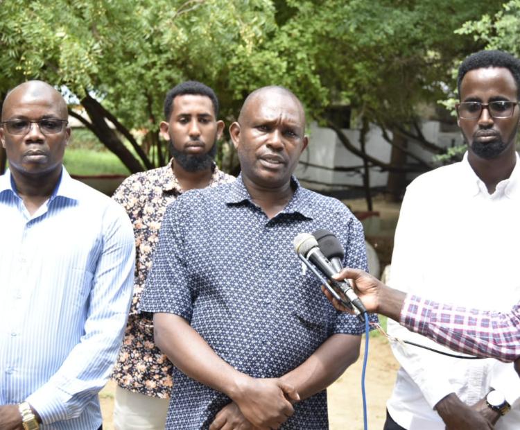 George Mbogo, the Director for youth in charge of entrepreneurship and skill development at speaks to the press after a public participation exercise for the Youth bill draft 2024 at the Garissa Jamhuri club