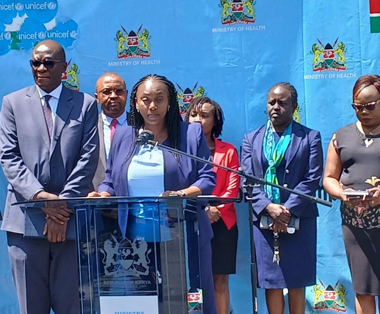 Public Health and Professional Standards PS Mary Muriuki addressing the media on the state of Health in Kenya at Afya House Grounds, Nairobi. Looking on is the Director General for Health Dr. Patrick Amoth and other representatives from the Ministry of Health.