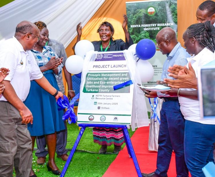 Turkana Deputy Governor Dr John Erus (third left) during the launch of a project to  sustainably manage Prosopis Juliflora in Turkana West. PHOTO/PETER GITONGA.