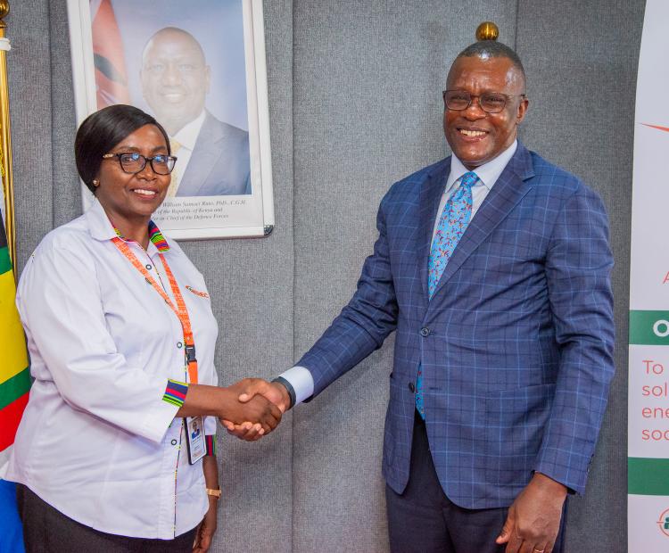 REREC CEO Dr. Rose Mkalama (Left) with the Deputy  Chief of Staff Mr. Eliud Owalo (Right) in Nairobi. Photo/  HENRY KWENYA