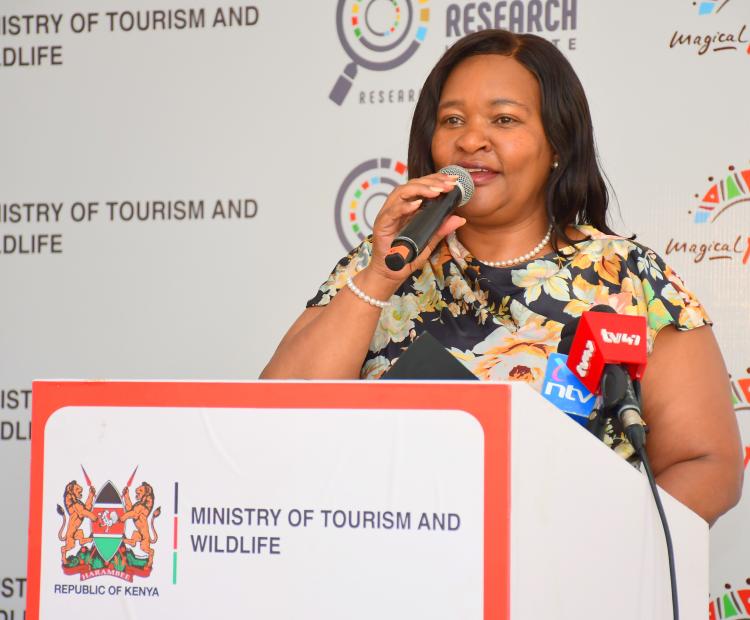 Cabinet Secretary (CS) for Tourism and Wildlife Rebecca Miano gives keynote address during the release of the 2024 Tourism performance results at a Mombasa hotel
