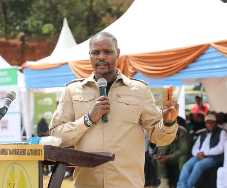Climate Change PS, Dr. Festus Ngeno, delivering a speech during celebrations to mark the World Wetlands Day at the Alliance Boys High School grounds.