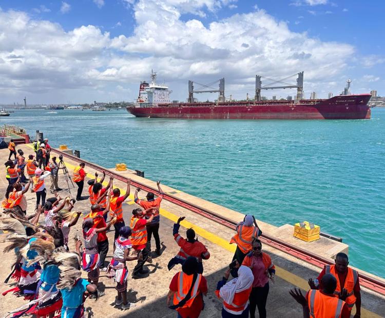 Base Titanium staff waving goodbye to Mv Devbulk Sinem, the 171st ship and the last bulk vessel to call Base Titanium as it leaves the port Facility, transporting 4,200 metric tons of Rutile to the U.S.