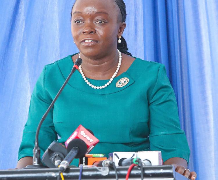 Health Cabinet Secretary (CS), Dr. Deborah Mlongo Barasa, speaking during the flagging-off of vital HIV medical supplies at the Mission for Essential Drugs and Supplies (MEDS), Nairobi.