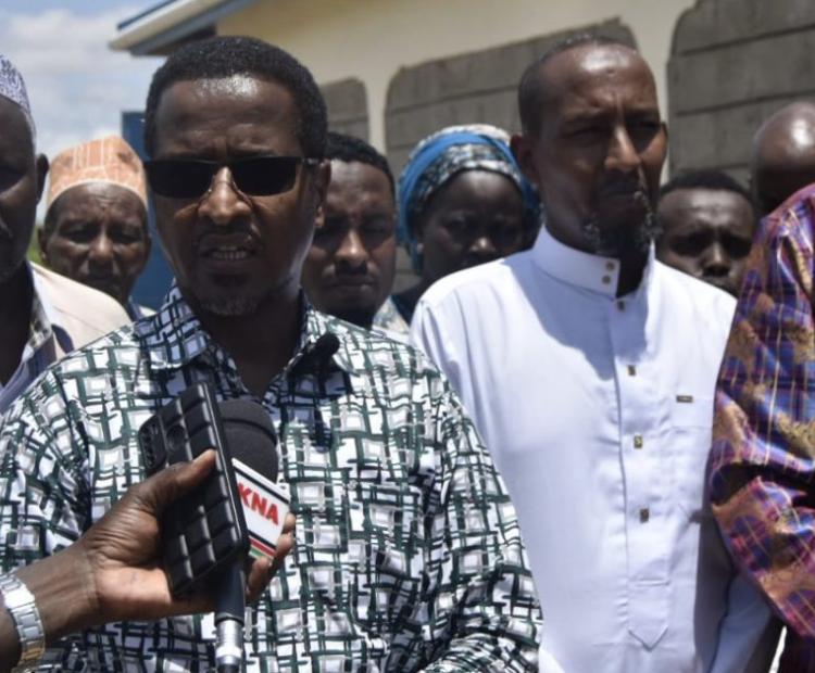 NDMA Chief Executive Officer Col (Rtd.) Hared Adan speaking to the press after a tree planting exercise at the Modogashe Girls’ Secondary School, Garissa County.