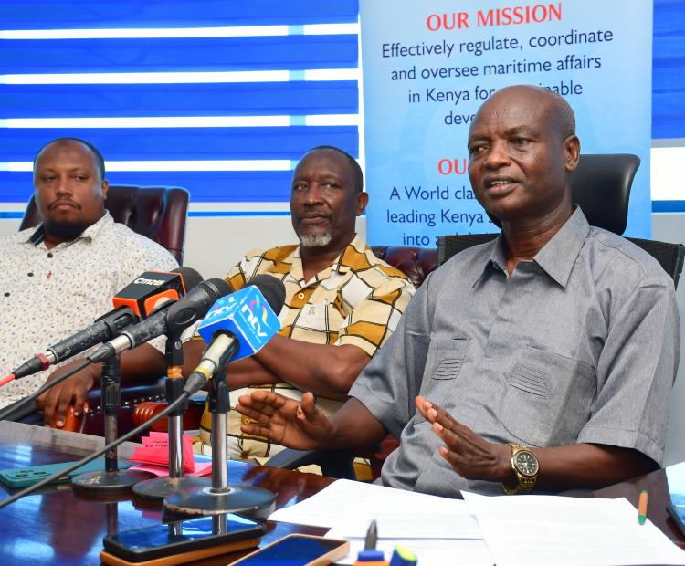 Kenya Maritime Authority (KMA) Ag. Director General  (DG) Isaiah Nakoru (R) when he briefed the media at KMA  Headquarters, Mombasa. PHOTO/ANDREW HINGA