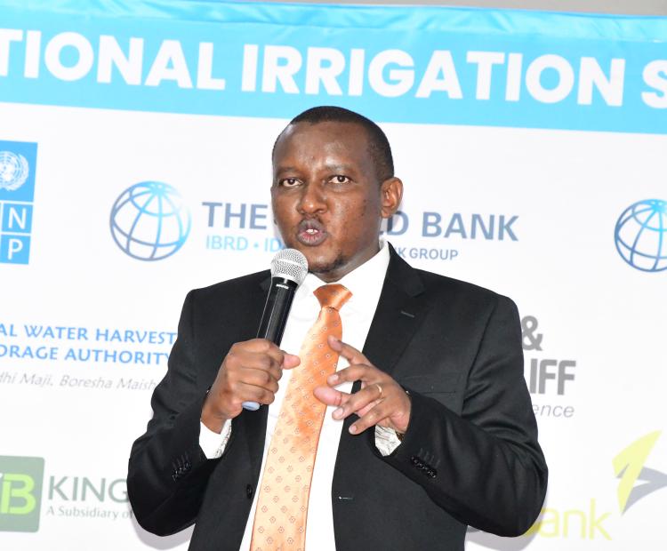 Principal Secretary in the State Department for Irrigation at the Ministry of Water, Sanitation Ephantus Kimotho speaking to the media today at KICC during the pre-launch of the National Irrigation Sector Investment Plan (NISIP) 