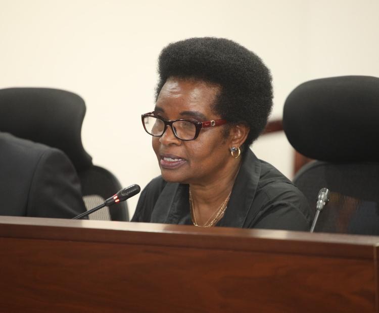 PSC Vice-Chairperson Mrs Mary Kimonye making a presenta- tion during a sensitization of Commission staff on Ethics.