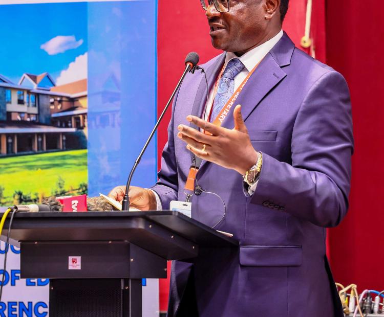 Education CS Julius Ogamba addressing education stakeholders in Naivasha, during the an Education Conference. Photo/ Mabel Shikuku