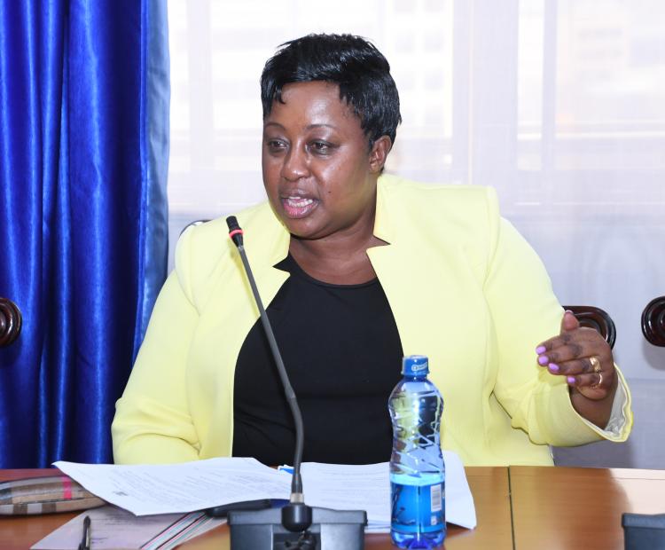 The Director of Human Resource Management and Development at the State Department for Broadcasting Juanita Ombima speaks at Teleposta Towers, during a oneday training of Heads of Departments on performance Contracting.
