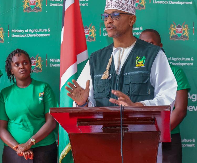 Ministry of Agriculture-Secretary Administration Harun Khator speaking during the flagging-off for 162 Kenyan youths from the Kenya School of Agriculture (KSA) 