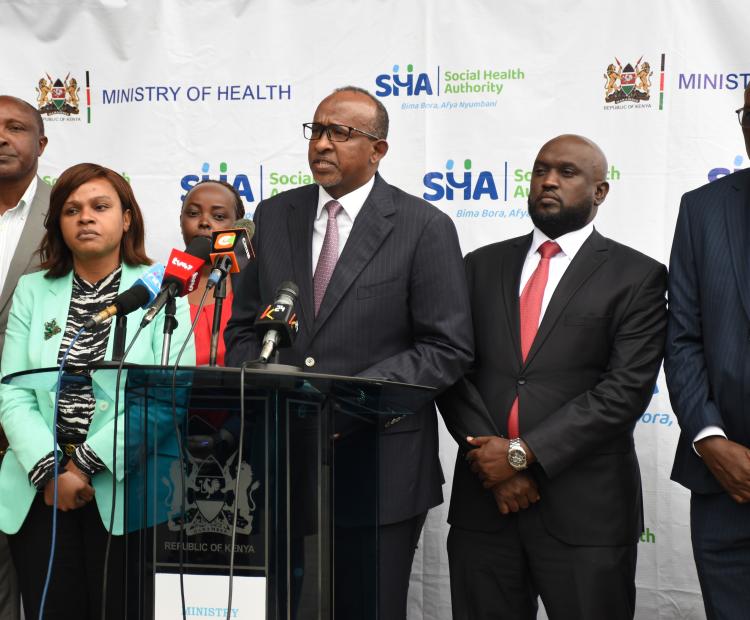 Cabinet Secretary for Health, Aden Duale, speaking during a press briefing on key developments related to the implementation of the Social Health Authority (SHA) 