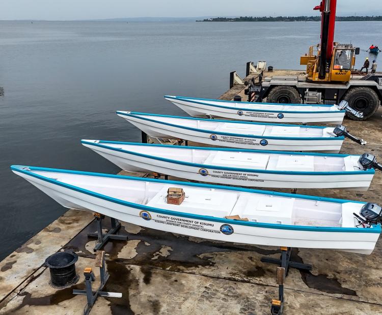 Artisanal fishing Fibre Boats constructed at the Kenya Shipyards Limited Kisumu. The County government plans to deploy them at major beaches in the area to enhance safety and boost blue economy.  Photo/Chris Mahandara.