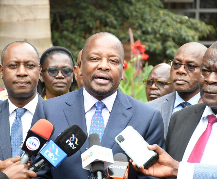 Agriculture and Livestock Development Cabinet Secretary Mutahi Kagwe(centre) during a press briefing on the sidelines of the launch of the 2023-2027 KEVEVAPI Strategic Plan at the FK resort in Nyeri