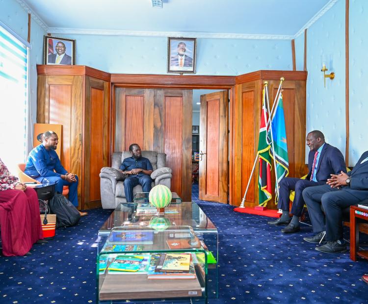 African Development Bank (AfDB) Senior Urban Development Officer Babati Mokgethi during a courtesy call on Kisumu Governor Prof Anyang Nyong'o. Photo/Chris Mahandara