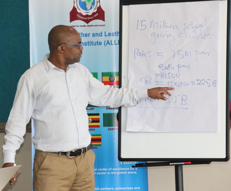 Mr Kiraye Michael, an Institutional capacity Development Expert at the African Leather and Leather Products Institute (ALLPI) trains traders and entrepre- neurs on Leather Cluster development.