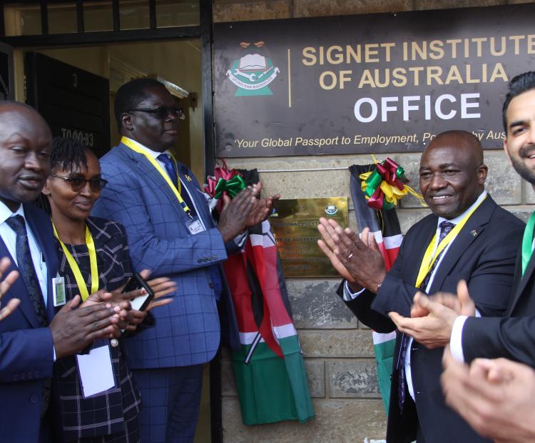 The Kenya High Commissioner to Australia Dr. Wilson Kogo (3rd left), TVET Director John Tuwei (2nd left), Signet Institute Sales and marketing Head Muhammad Ali (right) officially launched the Signet Institute of Australia office in Eldoret National Polytechnic, Eldoret, Uasin Gishu County. PHOTO/ EKUWAM SYLVESTER