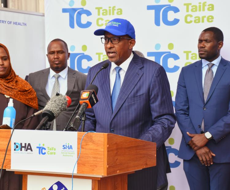 Health Cabinet Secretary, Aden Duale, speaking at the official launch of the National Biometric Verification Method for Patients at Kenyatta Teaching and Referral Hospital (KUTRRH), Nairobi. PHOTO/ DANIEL KAMAU