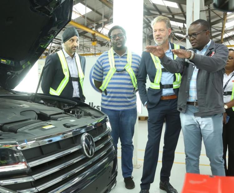 From Left CFAO Mobility Managing Director Arvinder Reel, Economic Affairs, Economic Cooperation & Development, German Embassy Pius Ogola Ongoo, Alexander Fierley (Economic Affairs, Economic Cooperation & Development German Embassy) and the General Manager, Kenya Vehicle Manufacturers, Moses Abiero during the visit to KVM.