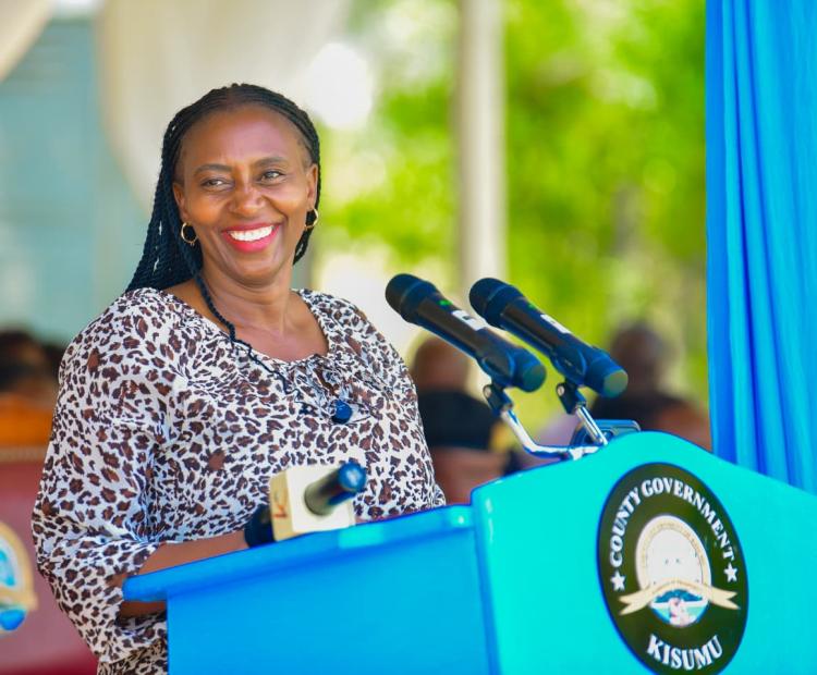 Public Health and Professional Standards Principal Secretary (PS) Mary Muthoni speaking during the launch of the Kenya Quality Model for Health Plus (KQMH+) programme at Angola Health Centre in Kisumu East Sub-County. Photo by Chris Mahandara