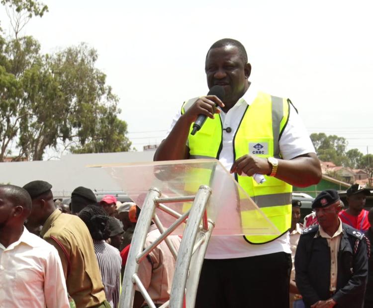 Sports Cabinet Secretary Salim Mvurya (left) and his Defense Counterpart Soipan Tuya addresses residents during the launch of the construction of a Sh850 million stadium in Thika town.