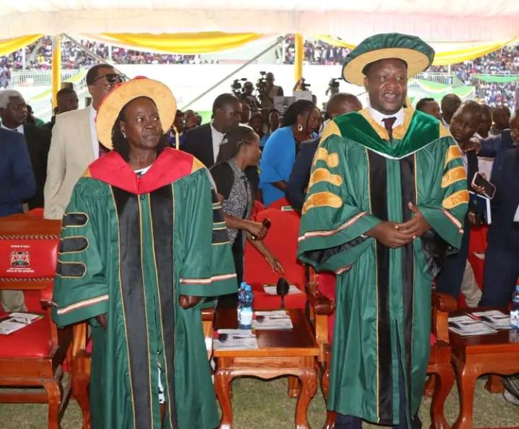 Principal Secretary for Technical and Vocational Education and Training Dr Esther Thaara Muoria (left) and Kericho County Governor Dr Eric Mutai during the second joint graduation ceremony for Kericho Vocational Training Centres at Kiprugut Chumo Stadium, Kericho.