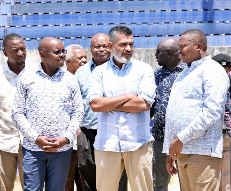  Principal Secretary for Defence Patrick Mariru (L), Mombasa County Governor Abdulswamad Sheriff Nassir (C), and Principal Secretary for Sports Elijah Mwangi during a tour of the stalled Mombasa Municipal Stadium.