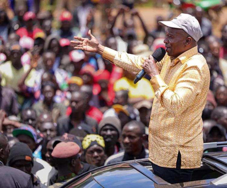 Deputy President, Prof Kithure Kindiki, addresses residents at Maili Saba in Cherangany Constituency during an inspection tour of national government sponsored projects.