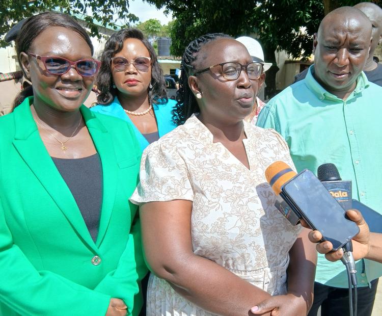 Cabinet Secretary for Gender, Culture, the Arts and Heritage Hannah Wendot (centre) addressing the media at Kisumu Children Remand Home.PHOTO: CHRIS MAHANDARA