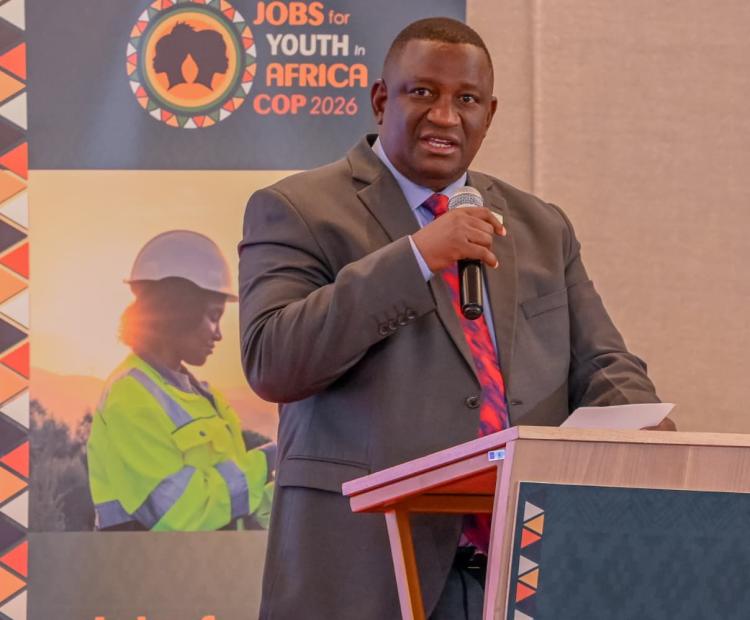 Cabinet Secretary for Youth Affairs, Creative Economy and Sports,  Salim Mvurya, addresses delegates during the Jobs for Youth in Africa (JfYA) Community of Practice Knowledge Exchange Summit in Nairobi.