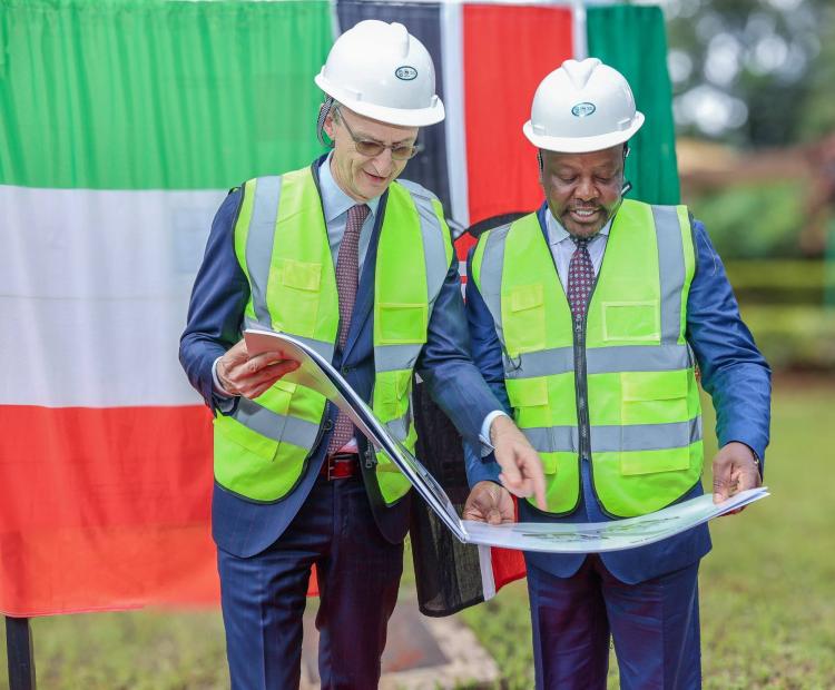 Cabinet Secretary (CS) for Agriculture and Livestock Development Mutahi Kagwe (Right) and the Italian Director General (DG) for Development Cooperation at the Ministry of Foreign Affairs and International Cooperation Stephano Gatti go over the specs the groundbreaking ceremony for construction of the Coffee Training Centre in Coffee Research Institute at Ruiru, on 25th March, 2026.