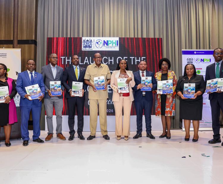 Mary Muthoni, Principal Secretary for Public Health and Professional Standards; Festus K. Ng’eno, Principal Secretary for Environment and Climate Change; Neema Rusibamayila Kimambo, WHO Acting Country Representative; John Kariuki, Chairperson of the Kenya National Public Health Institute Board; Kamene Kimenye, Acting Director-General of the Kenya National Public Health Institute; alongside representatives from Africa CDC, development partners, and stakeholders from national and county governments.