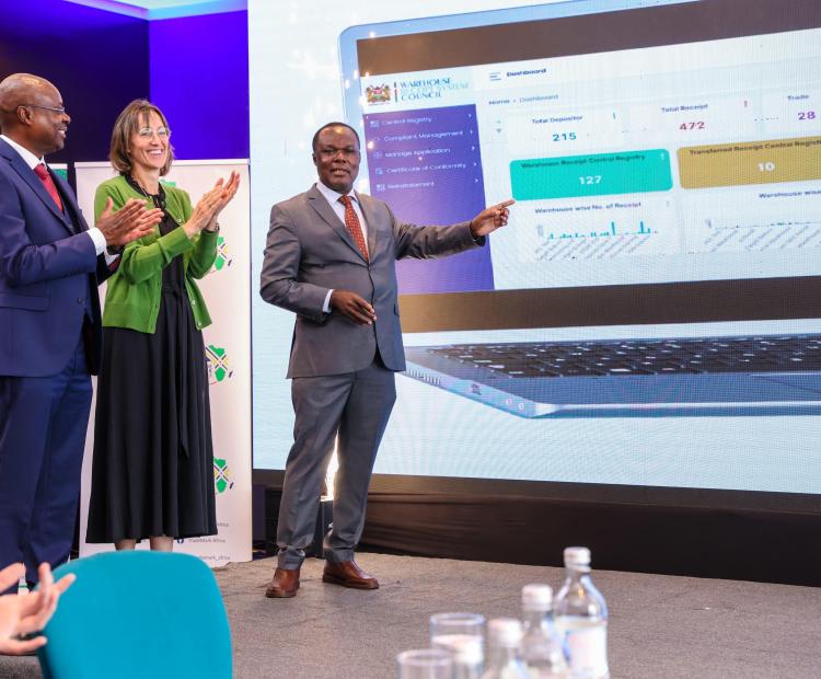 The Principal Secretary, State Department for Industry, Dr.Juma Mukhwana (far right) Deputy High Commissioner and Development Director British High Commission in Kenya Diana Dalton (middle) and WRSC Chairman Patrick Mbogo during the launch of the eWRS-CR in Nairobi.