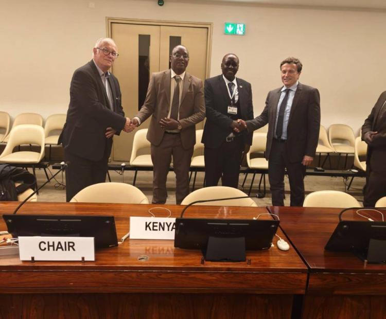 State Department for Roads Principal Secretary Eng. Joseph Mbugua (second from right) on the sidelines of the Working Party on General Safety Provisions (GRSG WP.29) Sessions in Geneva.