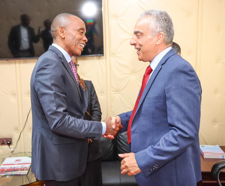 Kiambu governor Kimani Wamatangi and Ambassador Gideon Behar share a light moment during discussions on localizing Israeli innovation for Kiambu’s residents. PHOTO: COURTESY