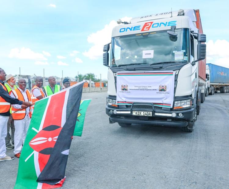 Principal Secretary (PS) for Agriculture Dr. Kiprono Rono flags off part of a 2 million metric tonnes consignment dubbed 2026 long rains National fertilizer subsidy at the Port of Mombasa
