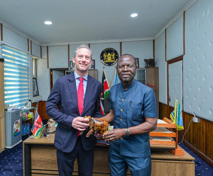 Kisumu County Governor, Prof.Anyang Nyongo, with the French Ambassador to Kenya, Arnaud Suquet, during a courtesy call before the launch of the recording studio at Mama Grace Social Hall. 