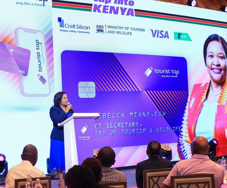 Cabinet Secretary for Tourism and Wildlife, Rebecca Miano speaking in Nairobi on Wednesday, April 16, 2026 during the launch of the TouristTap, a digital payment platform aimed at easing transactions for visitors and boosting revenue collection across Kenya’s tourism ecosystem.