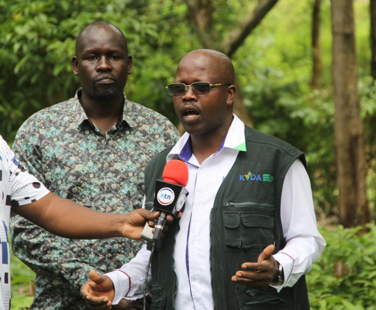 Kerio Valley Development Authority (KVDA) Ag. Managing Director Moses Kipchumba (R) and Board Chairperson Mark Chesergon during an interview on the ambitious tree planting campaign to fight climate change and support livelihoods.